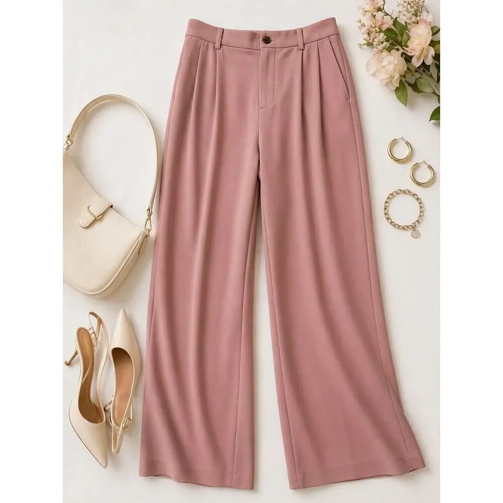 ZARA Tailored Wide Leg Trousers Dusty Taupe Pink Pleated High Rise Career 31